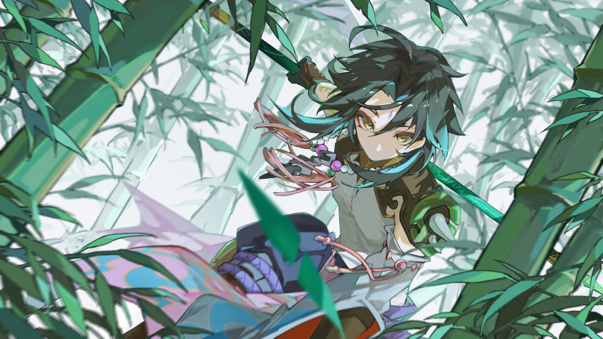 1boy 57friend absurdres aqua_hair bamboo bamboo_forest bead_necklace beads black_hair dated day eyeshadow facial_mark forehead_mark forest genshin_impact highres holding holding_polearm holding_weapon jewelry looking_at_viewer makeup male_focus multicolored_hair nature necklace outdoors polearm primordial_jade_winged-spear_(genshin_impact) red_eyeshadow solo tassel twitter_username weapon xiao_(genshin_impact)