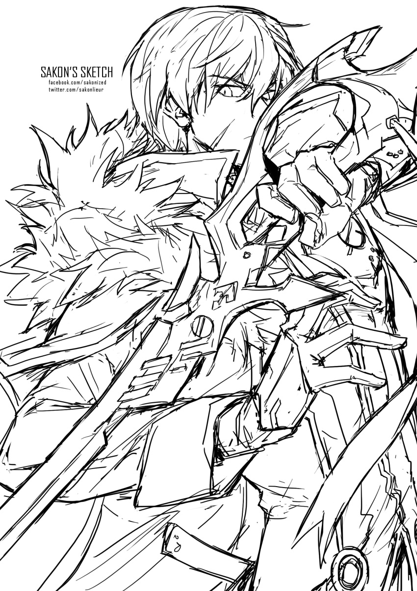 1boy absurdres blade_master_(elsword) elsword frown fur_trim gloves highres holding holding_sword holding_weapon jacket long_sleeves looking_at_viewer monochrome raven_cronwell sakon04 scar scar_on_cheek scar_on_face serious short_hair sketch solo sword weapon