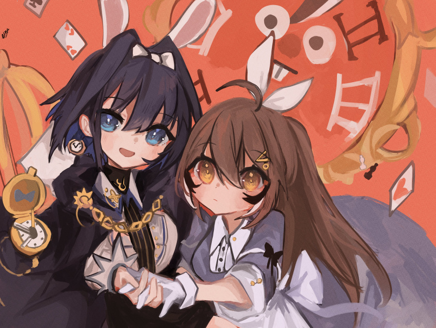 2girls absurdres ahoge alice_(alice_in_wonderland) alice_(alice_in_wonderland)_(cosplay) alice_in_wonderland animal_ears apron bangs birdcage black_cloak blue_dress blue_eyes blue_hair brown_eyes brown_hair cage card chain cloak clock collared_shirt cosplay dress eimmii gloves gold_chain hair_intakes hair_ornament hair_ribbon hairclip hakos_baelz_(rat) highres holding_hands hololive hololive_english long_hair looking_at_viewer multicolored_hair multiple_girls nanashi_mumei objectification ouro_kronii pinstripe_pattern playing_card pocket_watch ponytail rabbit_ears ribbon shirt short_hair streaked_hair striped turtleneck veil very_long_hair virtual_youtuber watch white_gloves white_rabbit_(alice_in_wonderland) white_rabbit_(alice_in_wonderland)_(cosplay) white_shirt