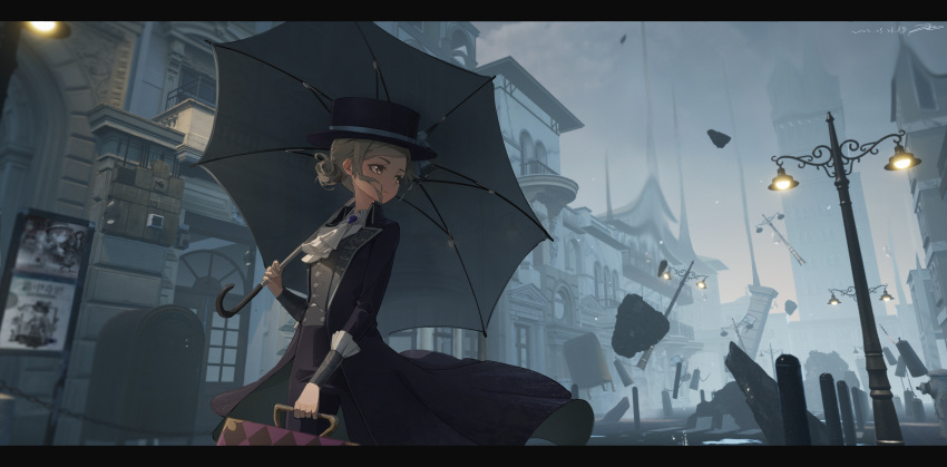 1girl absurdres ame999 backlighting city commentary_request floating floating_object fog formal hat highres lamppost light postbox_(outgoing_mail) poster_(object) reverse:1999 scenery solo suit top_hat umbrella vertin_(reverse:1999)
