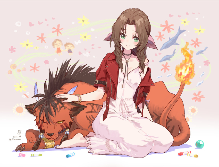 1boy 1girl aerith_gainsborough barefoot bolo_tie bow bracelet brown_hair chiba_sadoru cropped_jacket dress final_fantasy final_fantasy_vii final_fantasy_vii_remake flame-tipped_tail green_eyes hair_bow headpat highres jacket jewelry petting pink_bow pink_dress red_jacket red_xiii scar scar_across_eye sitting smile strap_slip tattoo yellow_eyes