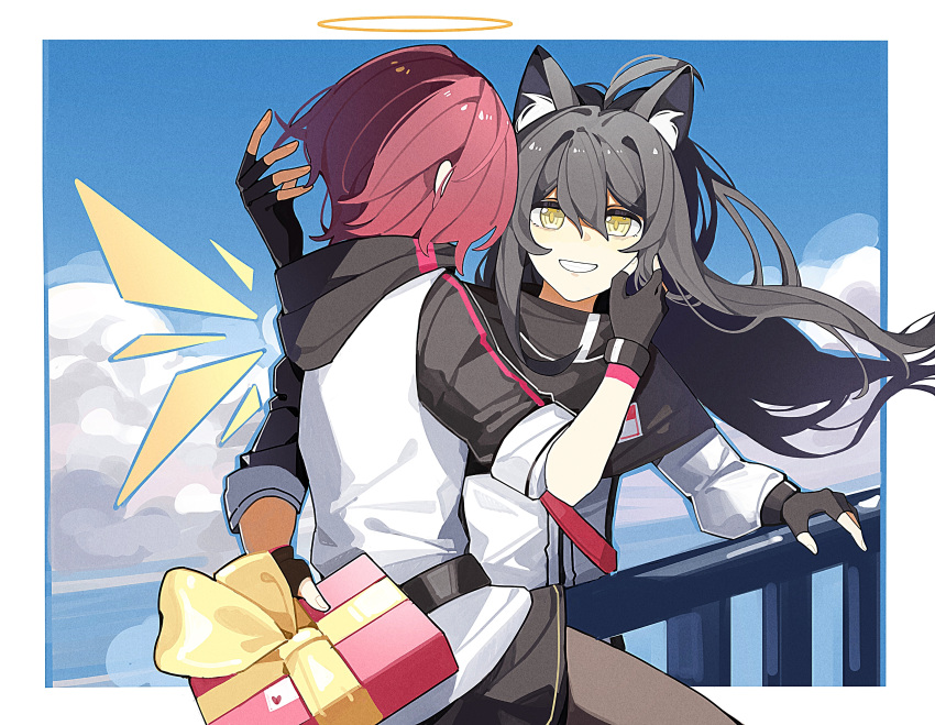 2girls absurdres animal_ear_fluff animal_ears arknights arm_behind_back bangs birthday black_gloves black_hair black_legwear black_skirt box capelet clouds detached_wings exusiai_(arknights) fingerless_gloves floating_hair gift gift_box gloves grin halo hand_up haobuguniao highres holding holding_gift jacket long_hair miniskirt multiple_girls railing redhead short_hair skirt smile teeth texas_(arknights) white_jacket wind wings wolf_ears yellow_eyes