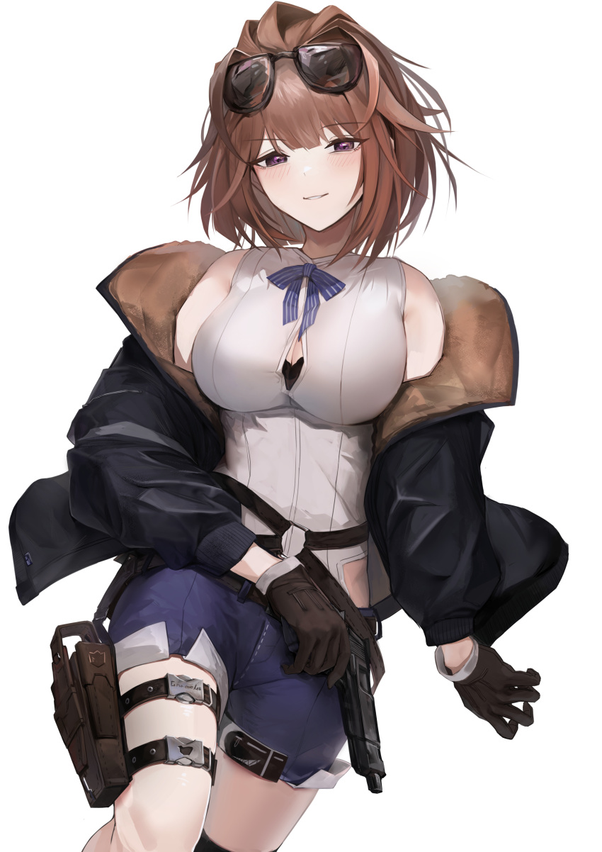 1girl absurdres bangs black_bra black_jacket bra bra_peek breasts brown_gloves brown_hair button_gap denim denim_shorts eyewear_on_head girls_frontline gloves grizzly_mkv grizzly_mkv_(girls'_frontline) gun handgun highres holding holding_gun holding_weapon holster jaaku_(ra_9rara) jacket large_breasts long_sleeves off_shoulder shirt short_hair shorts simple_background sleeveless sleeveless_shirt solo sunglasses thigh_strap underwear violet_eyes weapon white_background white_shirt