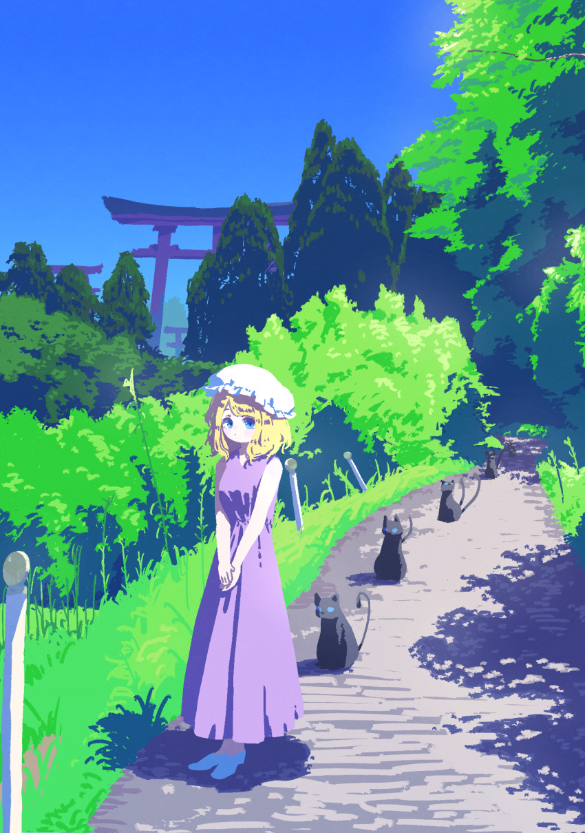 1girl black_cat blonde_hair blue_eyes blush bush cat closed_mouth commentary day dress eyebrows_behind_hair grass hat highres looking_at_viewer maribel_hearn medium_hair mob_cap nama_udon outdoors own_hands_together path pole purple_dress shoes sky solo standing torii touhou tree v_arms white_footwear white_headwear wide_shot