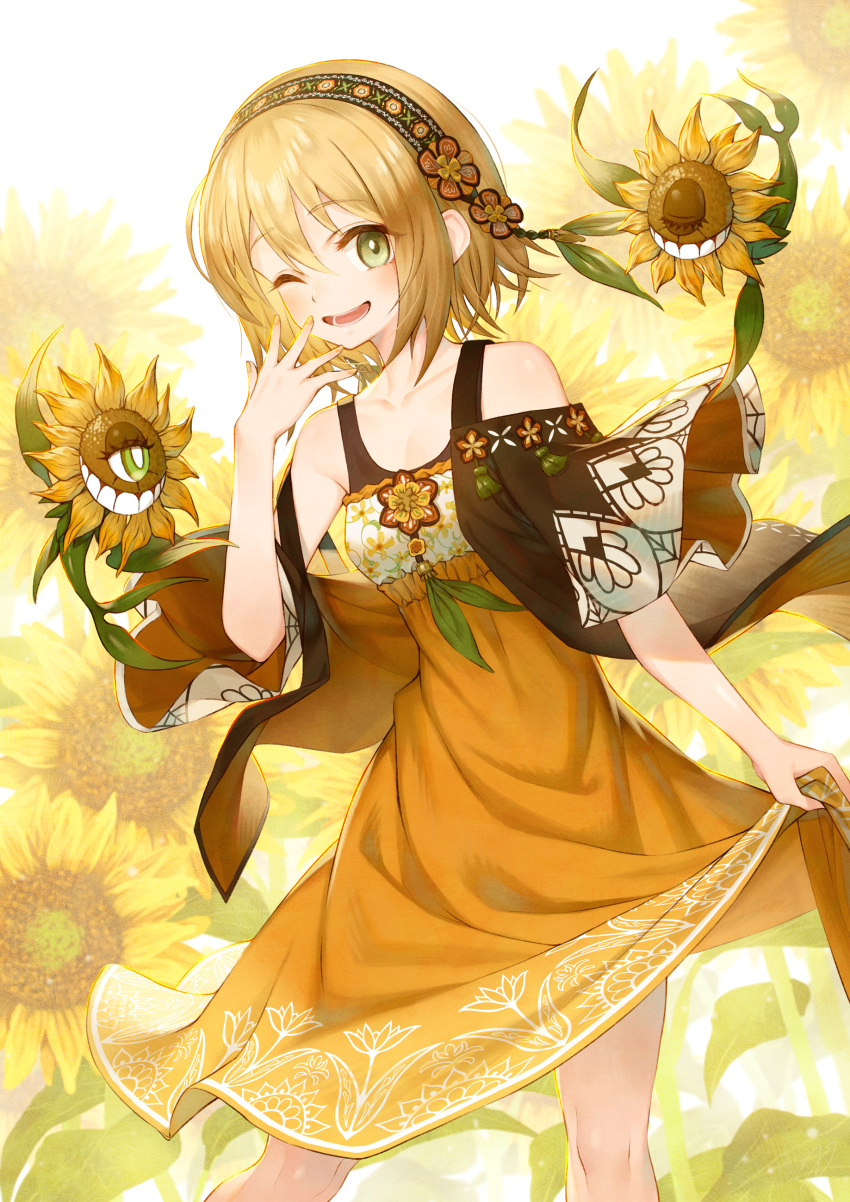 1girl ;) absurdres breasts clothes_lift dress flower hair_ornament headband highres lifted_by_self light_brown_hair one_eye_closed original sho_(sumika) short_hair skirt skirt_lift small_breasts smile solo standing sunflower