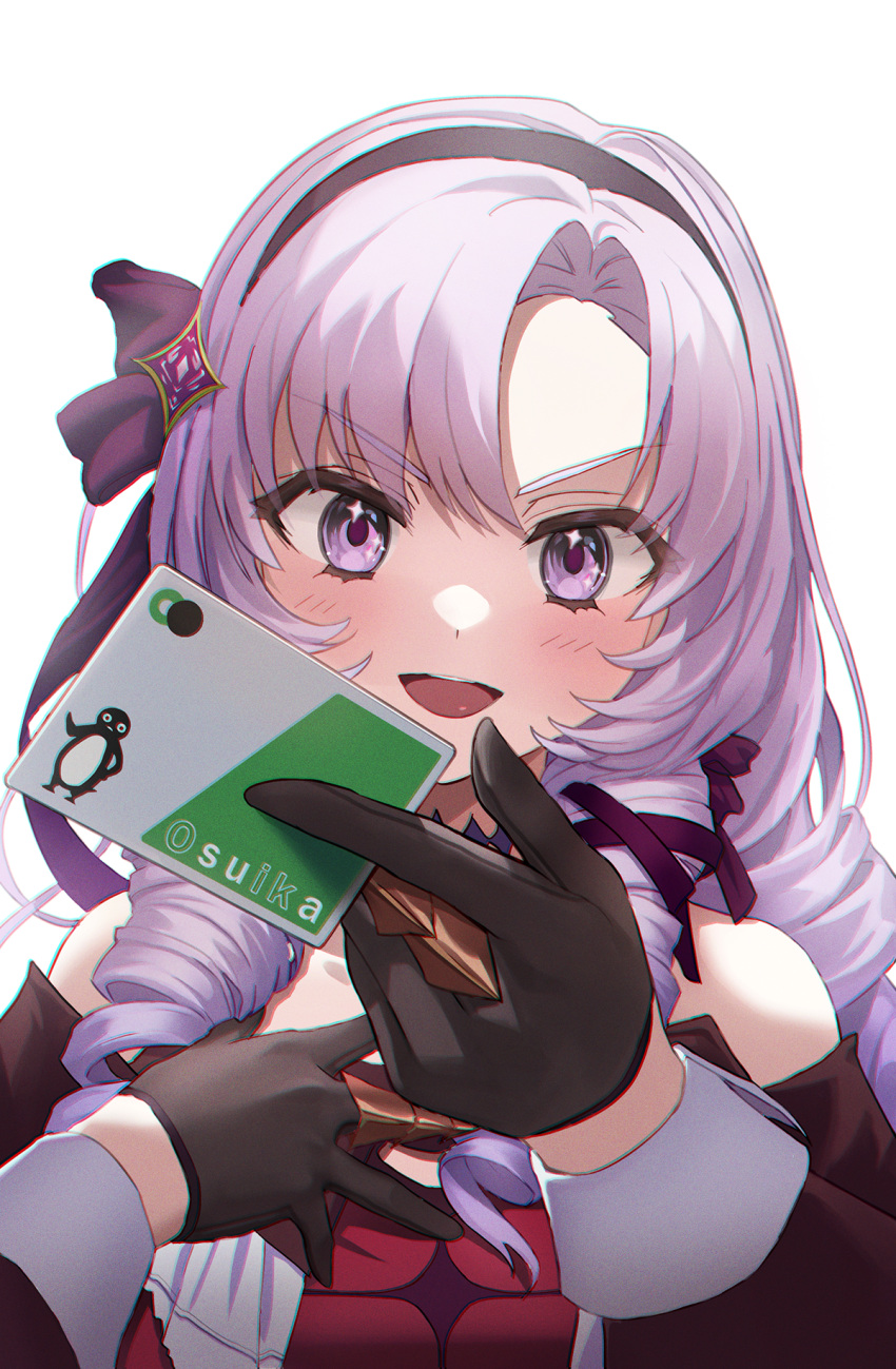 1girl :d black_gloves blush card claw_ring drill_hair geomissword gloves hair_ornament hair_ribbon hairband highres holding holding_card hyakumantenbara_salome long_hair long_sleeves looking_at_viewer nijisanji purple_hair purple_ribbon ribbon simple_background smile solo upper_body violet_eyes virtual_youtuber white_background