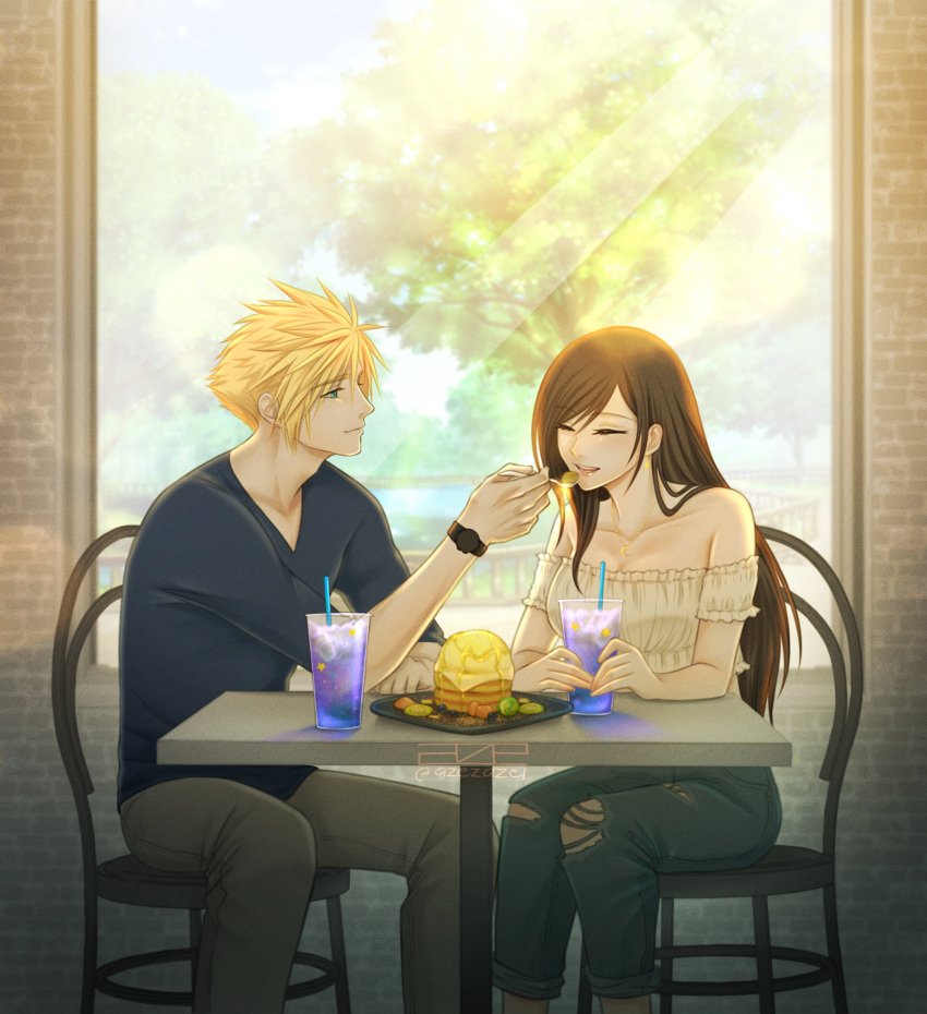 1boy 1girl absurdres azezazel bare_shoulders blonde_hair blue_eyes brown_hair casual chair closed_eyes cloud_strife collarbone couple crop_top cup denim drink drinking_straw earrings feeding final_fantasy final_fantasy_vii final_fantasy_vii_remake food highres holding holding_spoon indoors jeans jewelry long_hair looking_at_another pants shirt sitting spiky_hair spoon table tifa_lockhart torn_clothes torn_legwear window