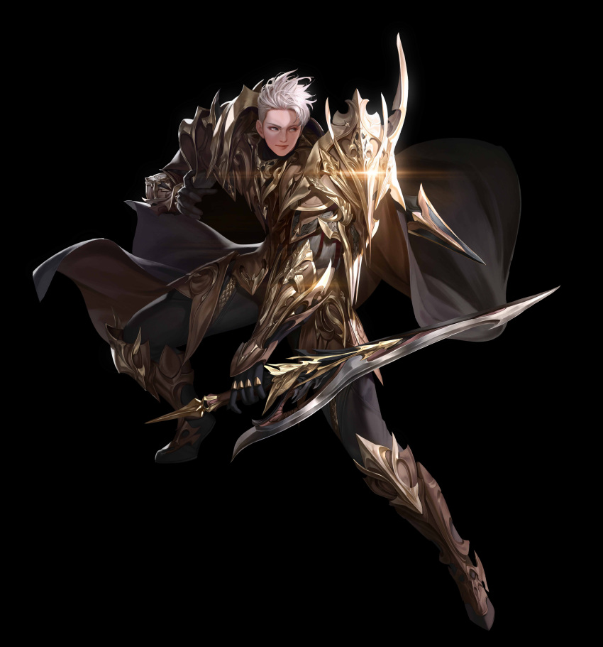 1boy absurdres armor armored_boots black_background black_cape black_gloves black_legwear boots cape closed_mouth commentary english_commentary full_body gloves gold_armor grey_eyes grey_hair highres holding holding_sword holding_weapon knee_boots lips looking_to_the_side male_focus r2_online short_hair shoulder_armor simple_background solo sword taekwon_kim vambraces weapon