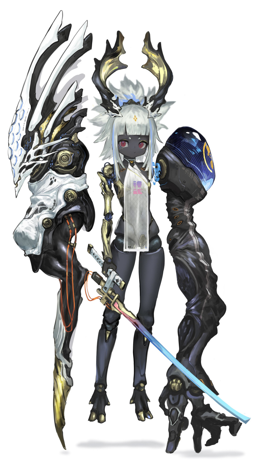 1girl absurdres akefumi asymmetrical_arms black_skin cable colored_skin commentary_request doll_joints full_body highres holding holding_sword holding_weapon hooves horns joints looking_at_viewer original red_eyes see-through solo sword weapon white_background white_hair