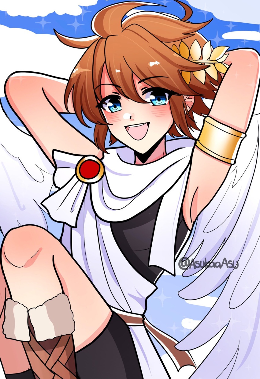 1boy angel angel_wings armlet arms_behind_back asukaaasuu blue_eyes blush clouds highres kid_icarus kid_icarus_uprising laurel_crown looking_at_viewer pit_(kid_icarus) sky smile sparkle teeth tongue twitter_username upper_teeth white_wings wings