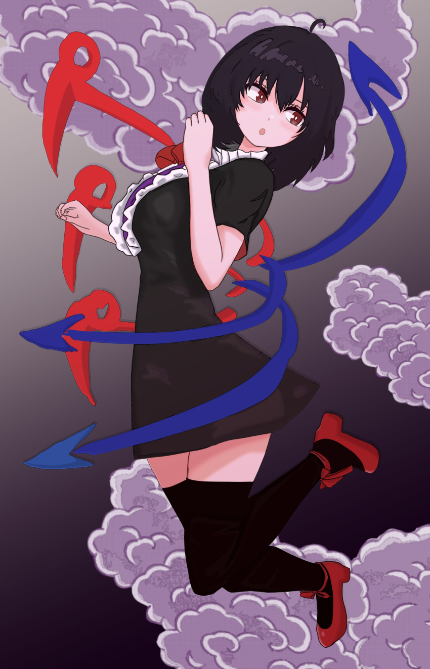 1girl ankle_bow asymmetrical_wings bangs black_dress black_hair black_legwear blue_wings blush bow bowtie breasts bright_pupils center_frills clouds commentary_request dress frilled_dress frills full_body gradient gradient_background grey_background hair_between_eyes high_heels highres houjuu_nue large_breasts long_hair looking_back nue_day open_mouth red_bow red_bowtie red_eyes red_footwear red_wings short_dress short_sleeves solo souichi0605 thigh-highs touhou white_pupils wings