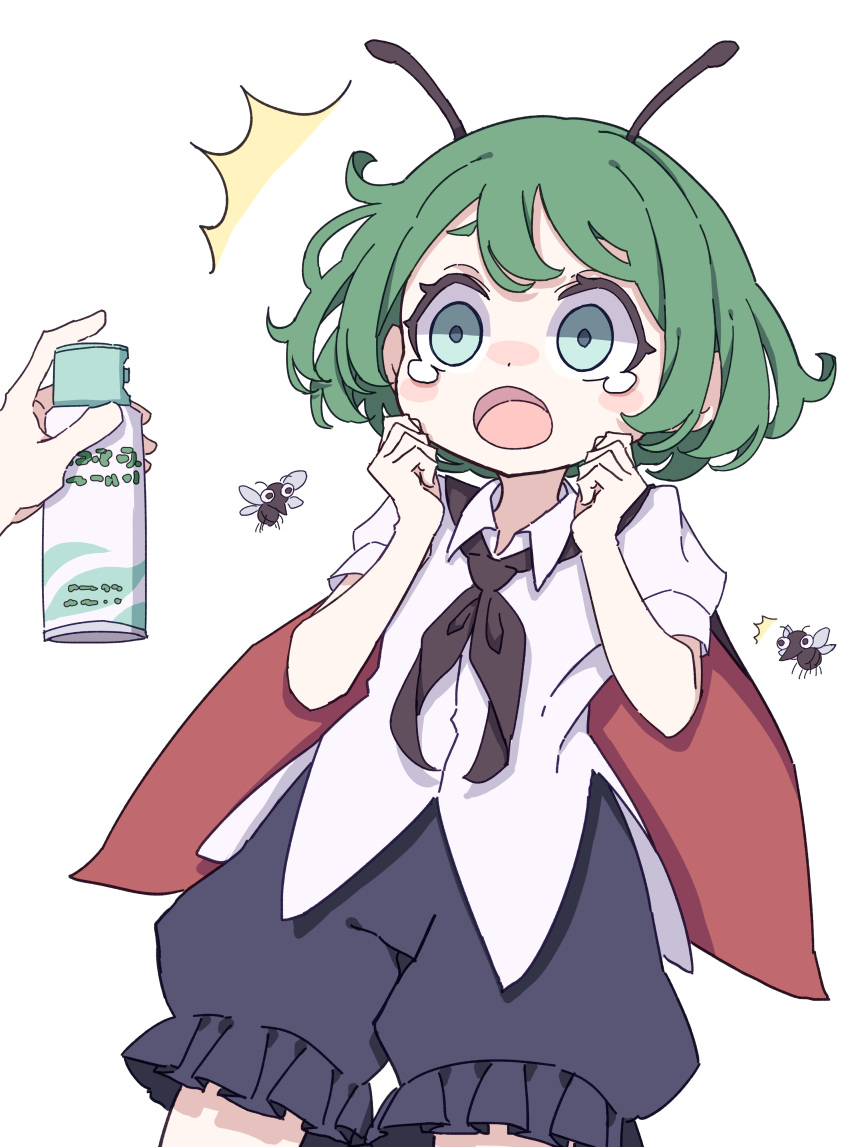 1girl ^^^ absurdres animal antennae black_shorts bug collared_shirt green_eyes green_hair highres kame_(kamepan44231) mosquito one-hour_drawing_challenge open_mouth puffy_short_sleeves puffy_sleeves shirt short_hair short_sleeves shorts simple_background solo tears touhou white_background white_shirt wriggle_nightbug