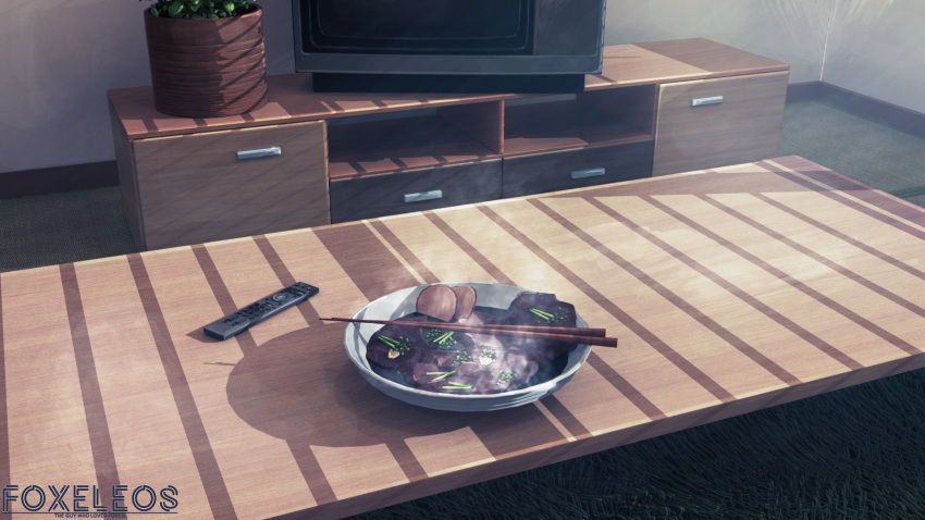 artist_name bowl chopsticks commentary controller english_commentary food foxeleos highres indoors no_humans original remote_control scenery shadow steam table television watermark
