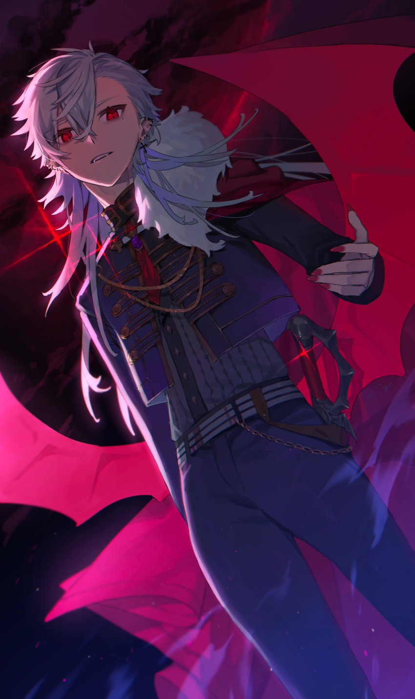 1boy absurdres bangs black_jacket black_pants ear_piercing fingernails gradient_hair hair_between_eyes highres jacket jewelry kuzuha_(nijisanji) long_hair long_sleeves looking_at_viewer low_wings male_focus multicolored_hair necktie nijisanji pants piercing purple_hair red_eyes red_nails red_necktie sharp_fingernails solo sparkle sword vampire virtual_youtuber weapon white_hair wings yagita_(astronomie)