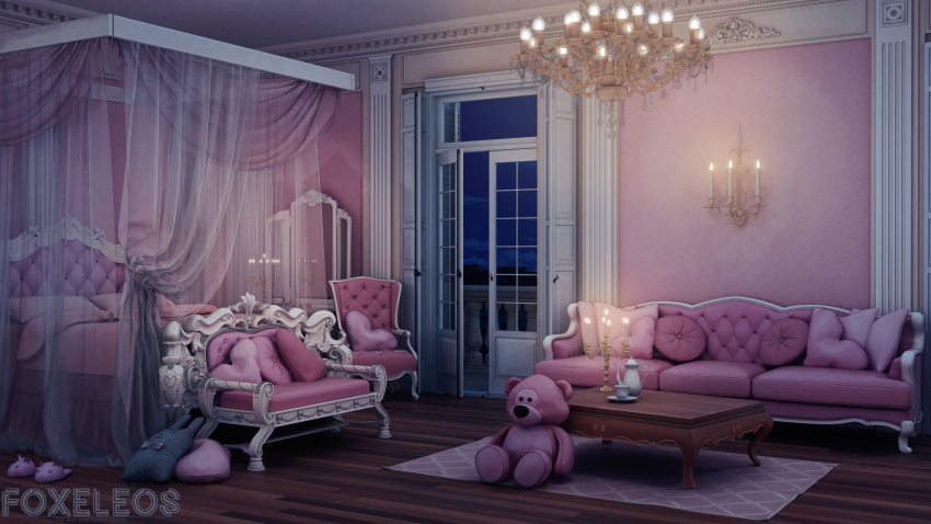 absurdres animal_slippers balcony bed blanket blender_(medium) candle candlestand canopy_bed carpet chair coffee_table commentary couch cup curtains door english_commentary floor foxeleos highres indoors night night_sky no_humans original photoshop_(medium) pillow pink_theme railing saucer scenery sky slippers stuffed_animal stuffed_toy teacup teapot teddy_bear wall watermark wooden_floor