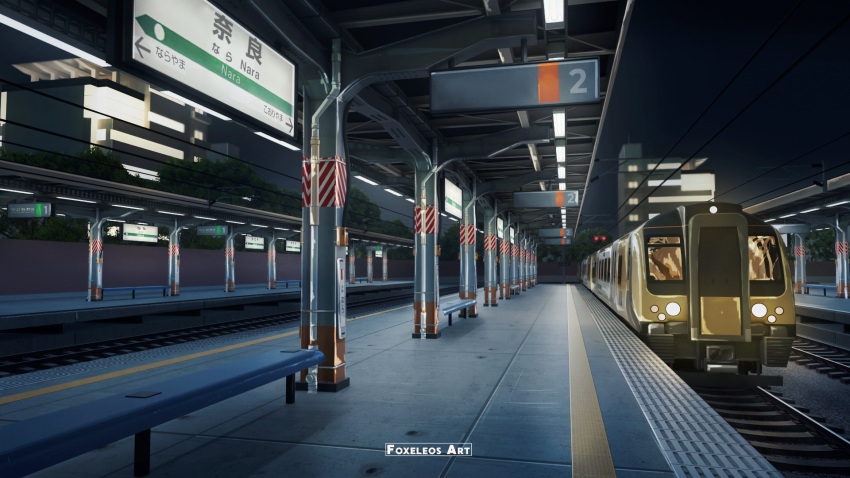 artist_name bench building commentary english_commentary foxeleos ground_vehicle highres night no_humans original outdoors power_lines railroad_tracks scenery train train_station tree watermark