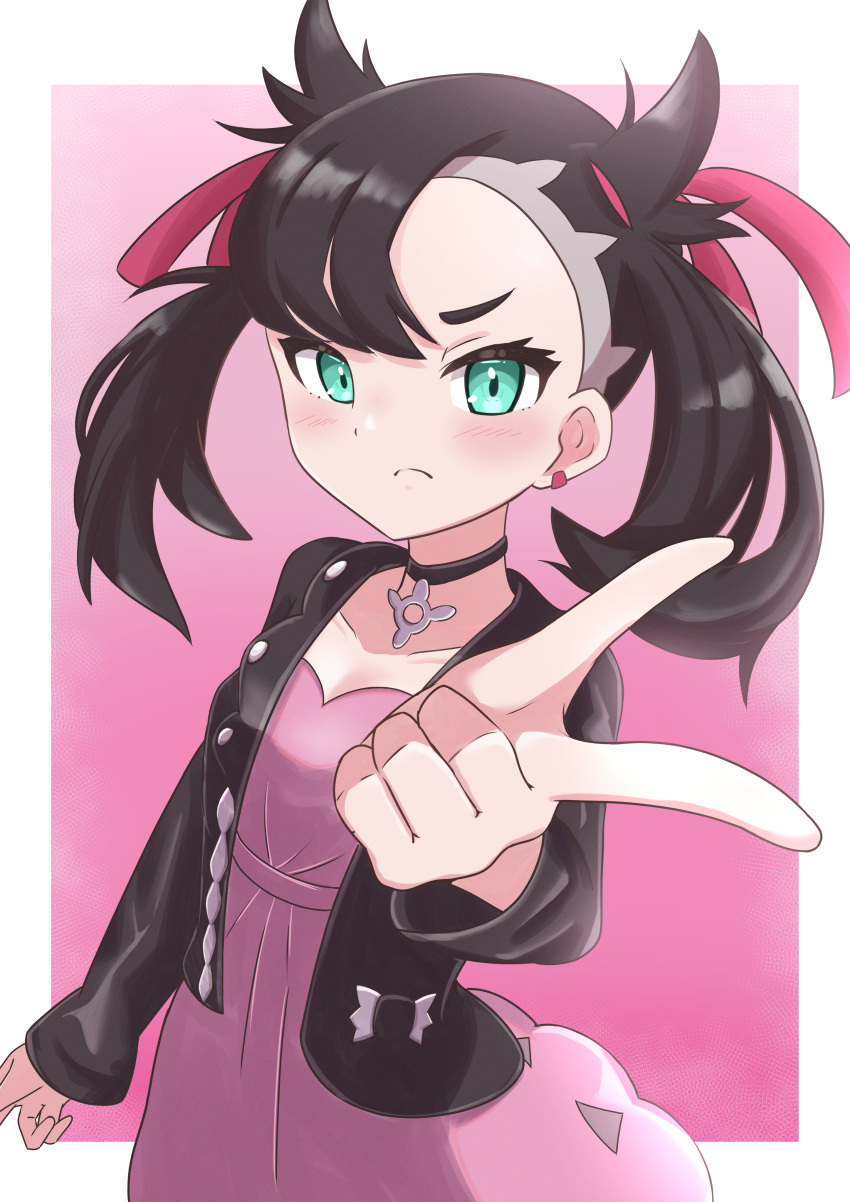 1girl absurdres asymmetrical_bangs bangs black_hair black_jacket blush border closed_mouth dress ear_piercing finger_gun frown green_eyes hair_ribbon hand_up highres jacket looking_at_viewer marnie_(pokemon) piercing pink_dress pointing pointing_at_viewer pokemon pokemon_(game) pokemon_swsh red_ribbon ribbon rono_(lethys) solo twintails two_side_up undercut upper_body v-shaped_eyebrows white_border
