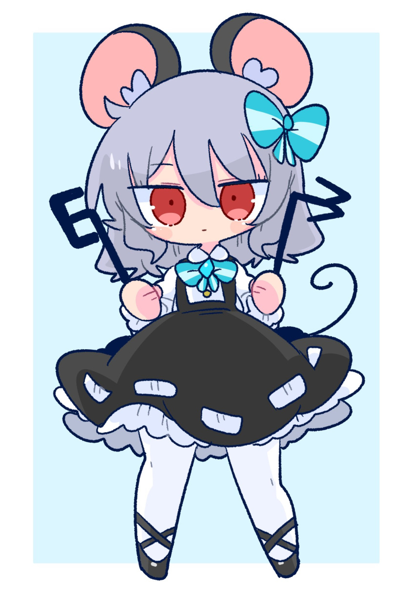 1girl animal_ears bangs black_footwear black_skirt blue_bow blue_bowtie bow bowtie dowsing_rod grey_hair highres long_sleeves mouse_ears mouse_girl mouse_tail nazrin op_na_yarou red_eyes shirt short_hair skirt solo suspender_skirt suspenders tail touhou white_legwear white_shirt