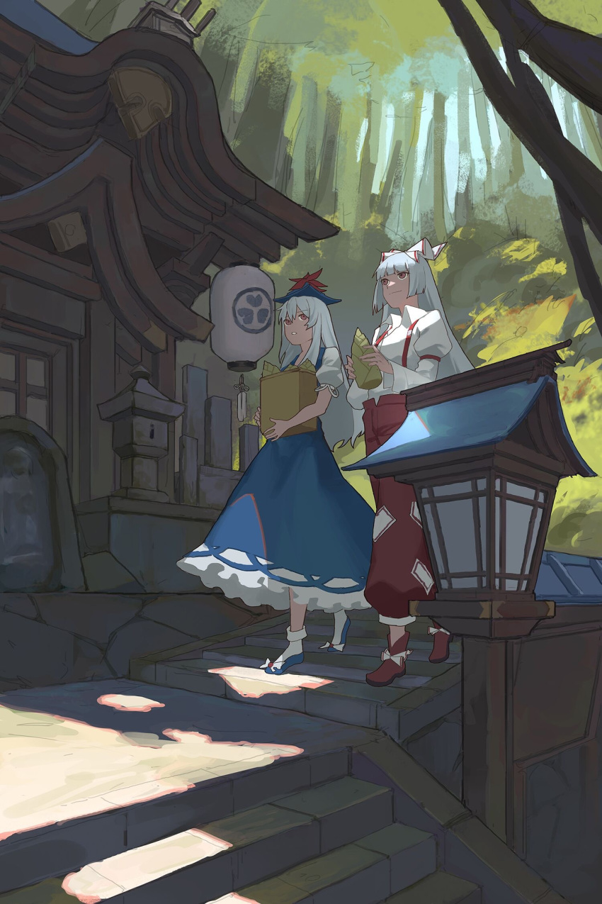 2girls architecture baggy_pants bamboo_shoot bangs blue_dress blue_footwear blue_hair blunt_bangs bobby_socks boots bow box chinese_commentary collared_shirt commentary_request dress east_asian_architecture footwear_bow forest fujiwara_no_mokou full_body hair_bow hat hat_bow highres hime_cut holding holding_bamboo_shoot holding_box house kamishirasawa_keine lantern long_hair long_sleeves multiple_girls nature ofuda ofuda_on_clothes pants paper_lantern parted_lips puffy_short_sleeves puffy_sleeves red_bow red_eyes red_footwear red_pants scenery shirt shoes short_sleeves sidelocks smile socks stairs suspenders tokin_hat touhou walking white_bow white_hair white_legwear white_shirt yuzhou_xingshi_bu_li_dong_ni