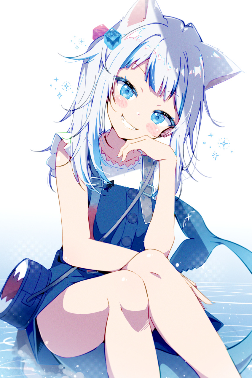 1girl absurdres animal_ears bag bangs blue_eyes blunt_bangs blush_stickers bokkun_(doyagaobyo) cat_ears dress fish_tail gawr_gura grey_hair grin hair_ornament highres hololive hololive_english looking_at_viewer shark_tail sharp_teeth short_dress short_sleeves shoulder_bag sitting smile solo sparkle tail teeth thighs twintails virtual_youtuber white_background