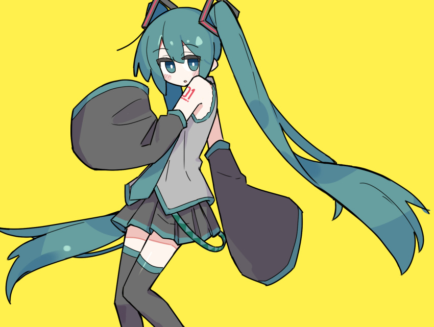 1girl aqua_eyes aqua_hair bare_shoulders blue_eyes blue_hair blush detached_sleeves fusazakura hair_ornament hatsune_miku headphones headset highres long_hair looking_at_viewer necktie open_mouth oversized_clothes shirt skirt solo tattoo thigh-highs twintails very_long_hair vocaloid yellow_background