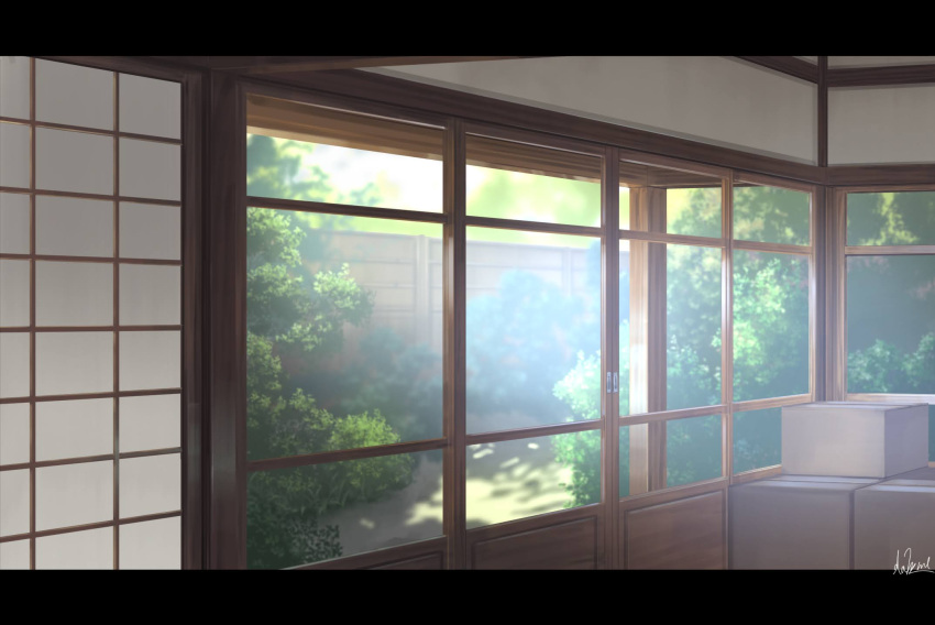 artist_name box bush cardboard_box commentary_request hakuurei_amano highres indoors letterboxed no_humans original scenery shadow signature sliding_doors wall watermark