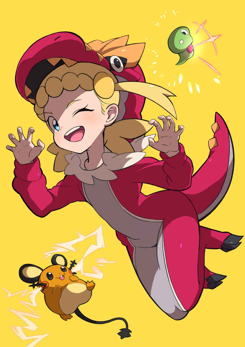 1girl ;d absurdres blonde_hair blue_eyes bonnie_(pokemon) claw_pose commentary_request dedenne eko000ohce eyelashes full_body hair_ornament hairclip hands_up highres hood hood_up long_sleeves looking_at_viewer one_eye_closed onesie open_mouth pokemon pokemon_(anime) pokemon_(creature) pokemon_xy_(anime) smile teeth tongue upper_teeth yellow_background zygarde zygarde_core