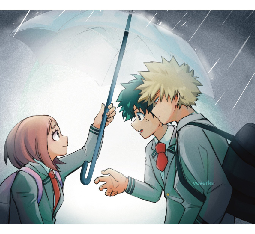 1girl 2boys arm_up artist_name backpack bag bakugou_katsuki blazer blonde_hair boku_no_hero_academia brown_hair closed_mouth commentary english_commentary freckles from_side green_eyes green_hair grey_jacket highres holding holding_umbrella jacket letterboxed looking_at_another midoriya_izuku multiple_boys necktie open_mouth parted_lips pink_bag rain reallyveverka red_eyes red_necktie school_uniform short_hair smile spiky_hair u.a._school_uniform umbrella uraraka_ochako