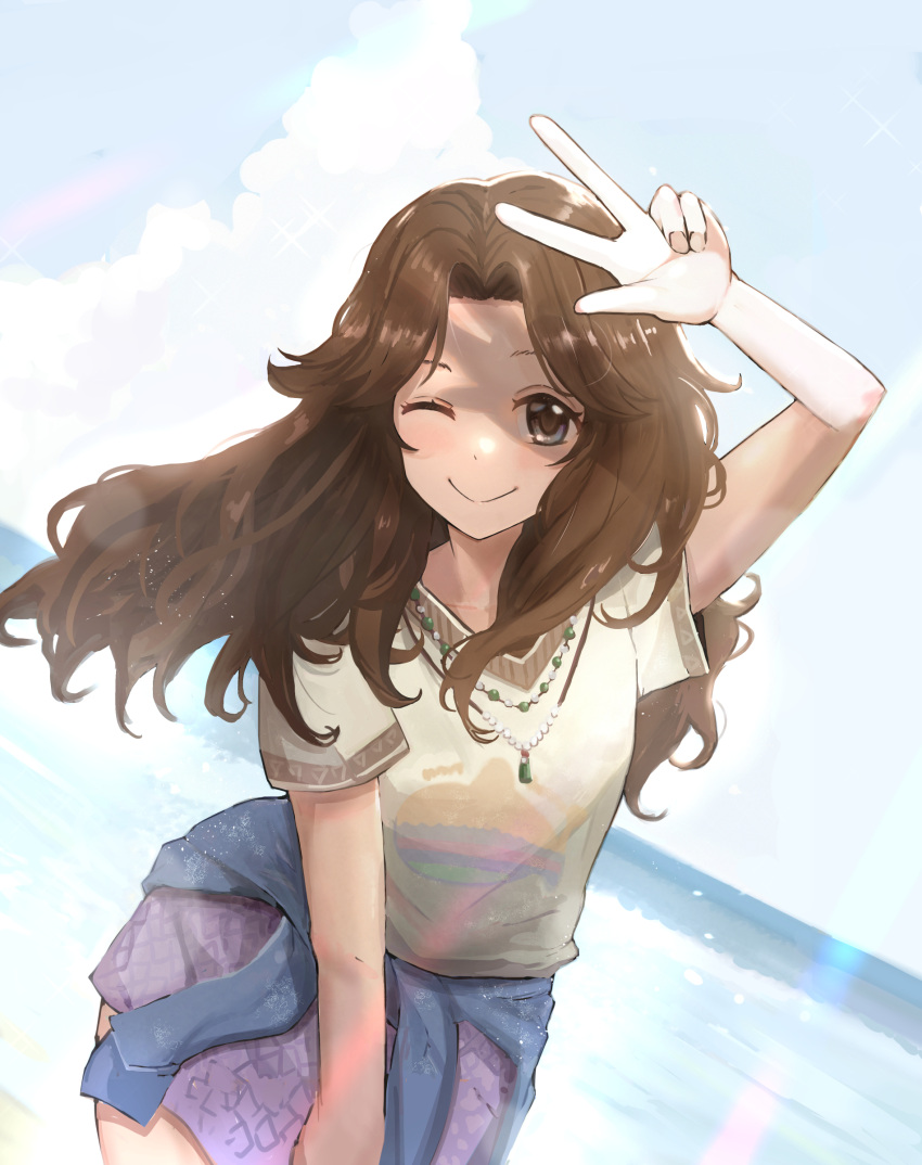1girl ;) absurdres ariura_kanna arm_up bangs beach brown_hair clothes_around_waist clouds curtained_hair dutch_angle highres horizon idolmaster idolmaster_cinderella_girls jacket jacket_around_waist long_hair looking_at_viewer one_eye_closed outdoors parted_bangs smile solo w wep_(worldenddancer)