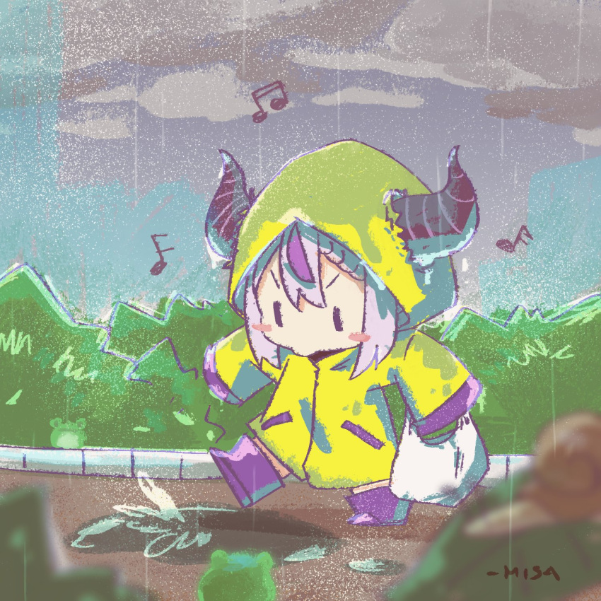 1girl black_horns blush_stickers boots bush clouds cloudy_sky demon_girl demon_horns highres hololive holox horns horns_through_hood la+_darknesss multicolored_hair musical_note playing puddle purple_footwear purple_hair rain rain_boots raincoat rubber_boots sky streaked_hair wakatsuki_misato water_drop white_hair