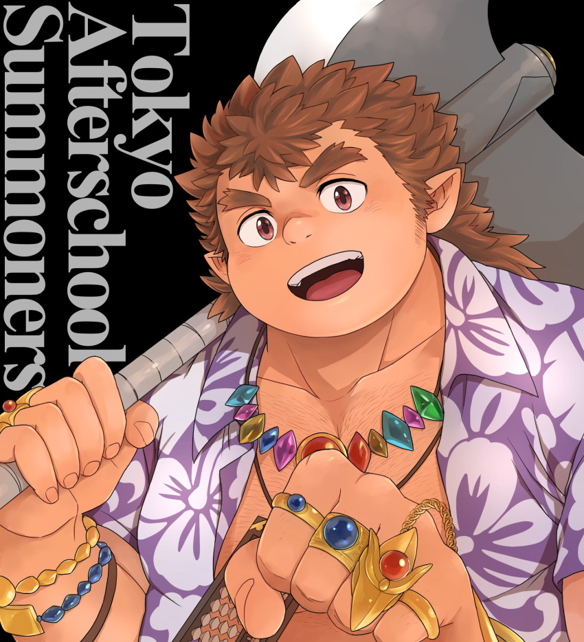 abacus andvari_(housamo) axe black_background bracelet brown_eyes brown_hair chest_hair copyright_name dark-skinned_male dark_skin dwarf english_text forked_eyebrows hairy hawaiian_shirt highres hijirino_yuuta holding holding_axe jewelry long_sideburns multiple_rings muscular muscular_male necklace open_clothes open_mouth open_shirt plump pointy_ears ring shirt short_hair sideburns smile thick_eyebrows tokyo_afterschool_summoners