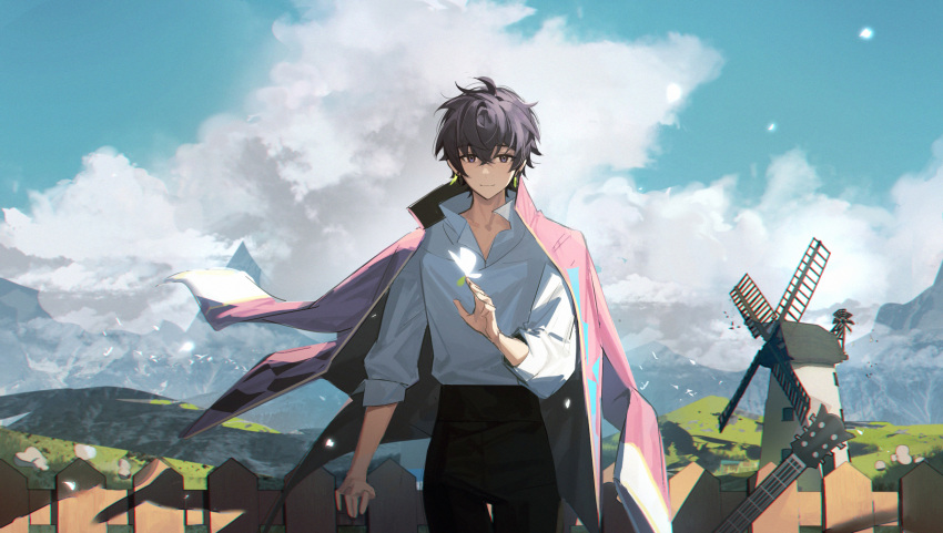 1boy argyle argyle_coat black_pants bug butterfly clouds cloudy_sky coat coat_on_shoulders cosplay day earrings guitar high-waist_pants highres howl_(howl_no_ugoku_shiro) howl_(howl_no_ugoku_shiro)_(cosplay) howl_no_ugoku_shiro indie_virtual_youtuber instrument jewelry long_sleeves looking_at_viewer male_focus nagito outdoors pants pink_coat purple_hair shirt short_hair shoto_(vtuber) sky smile violet_eyes virtual_youtuber white_shirt windmill