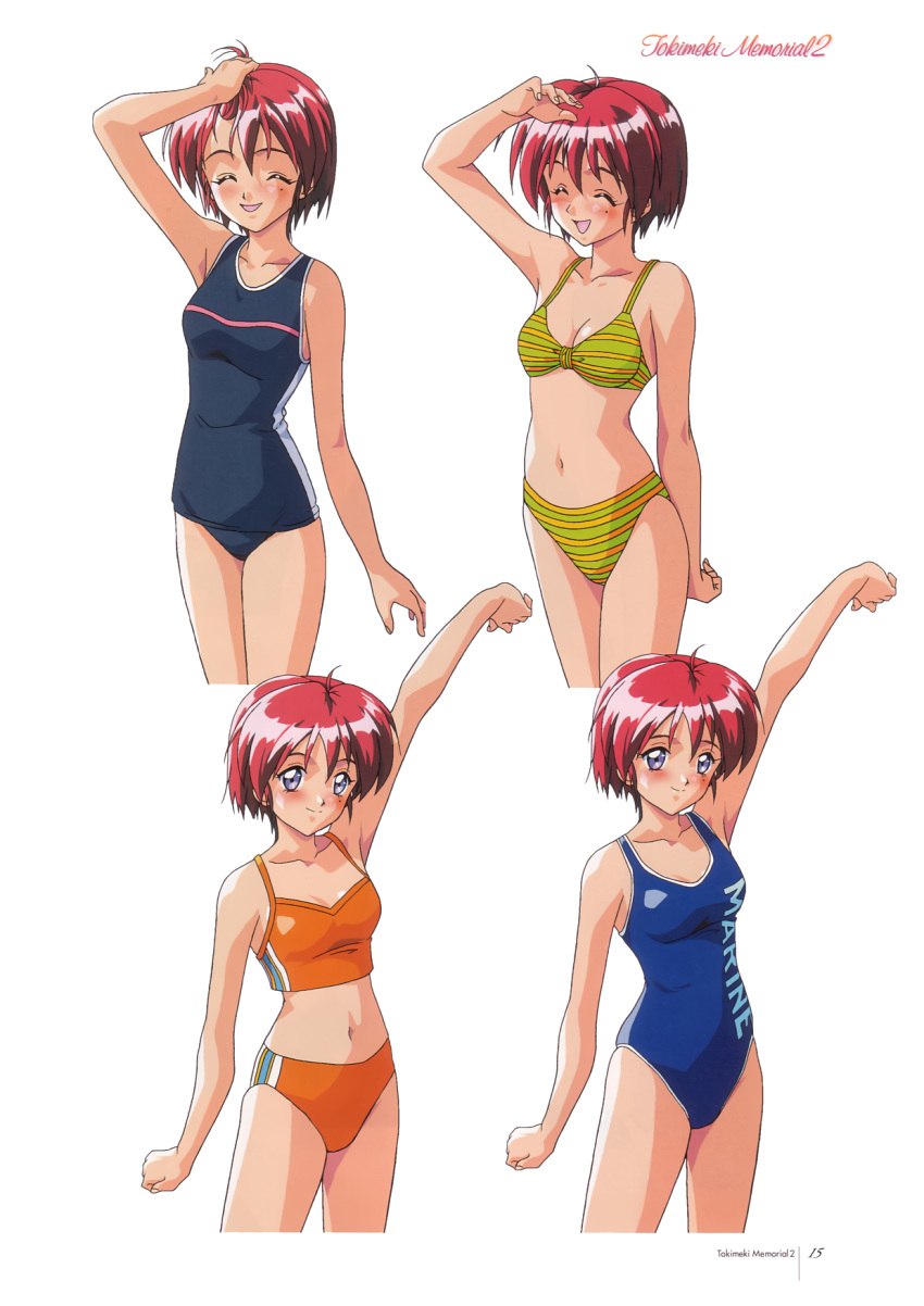 1girl arm_up bangs bikini blue_eyes blue_swimsuit blush casual_one-piece_swimsuit closed_eyes clothes_writing copyright_name cropped_legs hand_on_own_head highres hinomoto_hikari kokura_masashi looking_at_viewer mole mole_under_eye multiple_views navel non-web_source official_art one-piece_swimsuit open_mouth orange_bikini page_number redhead short_hair simple_background smile striped striped_bikini swimsuit tokimeki_memorial tokimeki_memorial_2 variations white_background