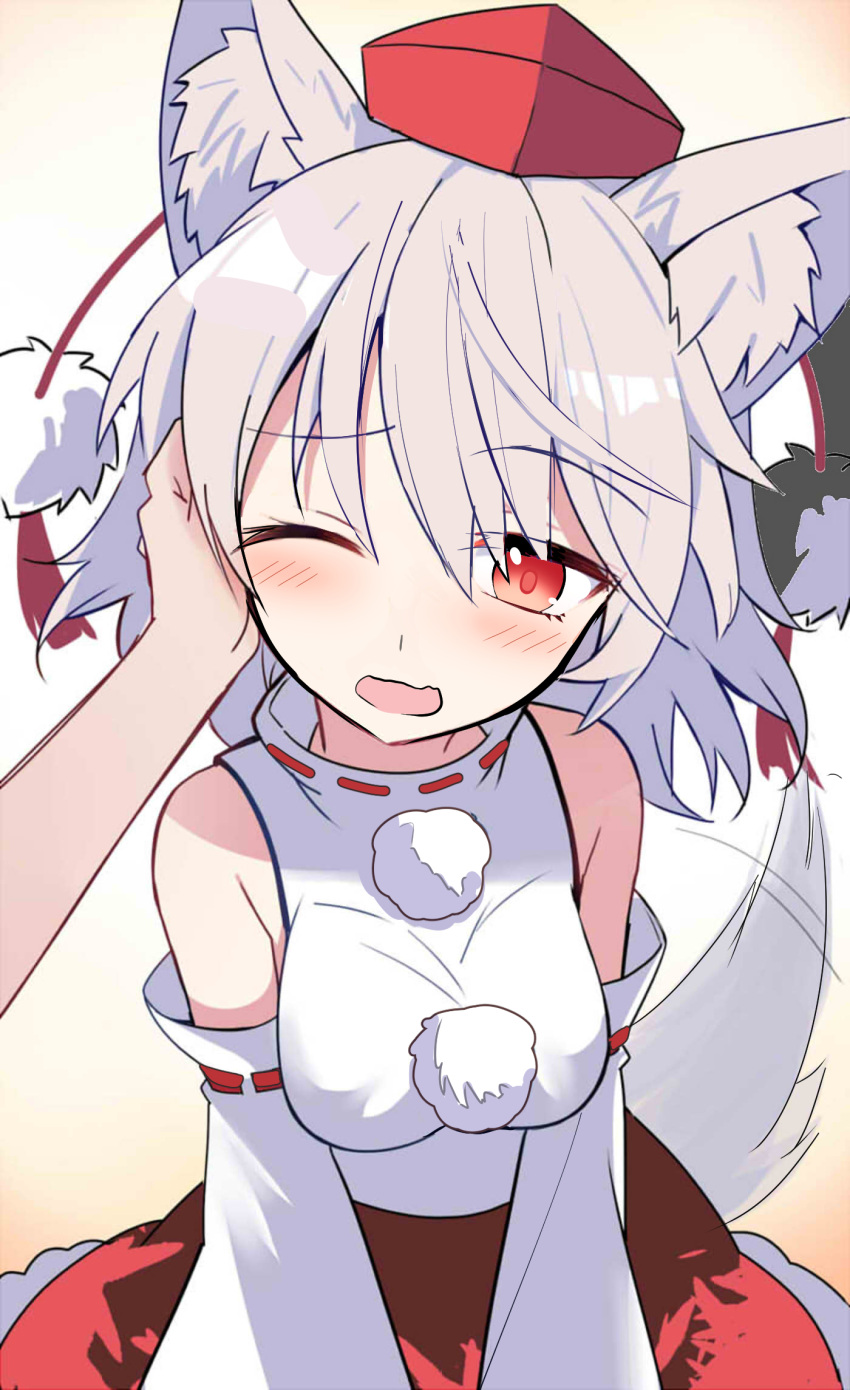 1girl animal_ear_fluff animal_ears bangs bare_shoulders blush breasts detached_sleeves e.o. frilled_skirt frills hand_on_another's_cheek hand_on_another's_face hat highres inubashiri_momiji long_sleeves looking_at_viewer medium_breasts one_eye_closed open_mouth pom_pom_(clothes) red_eyes red_headwear red_skirt skirt solo tail tokin_hat touhou white_hair wide_sleeves wolf_ears wolf_tail