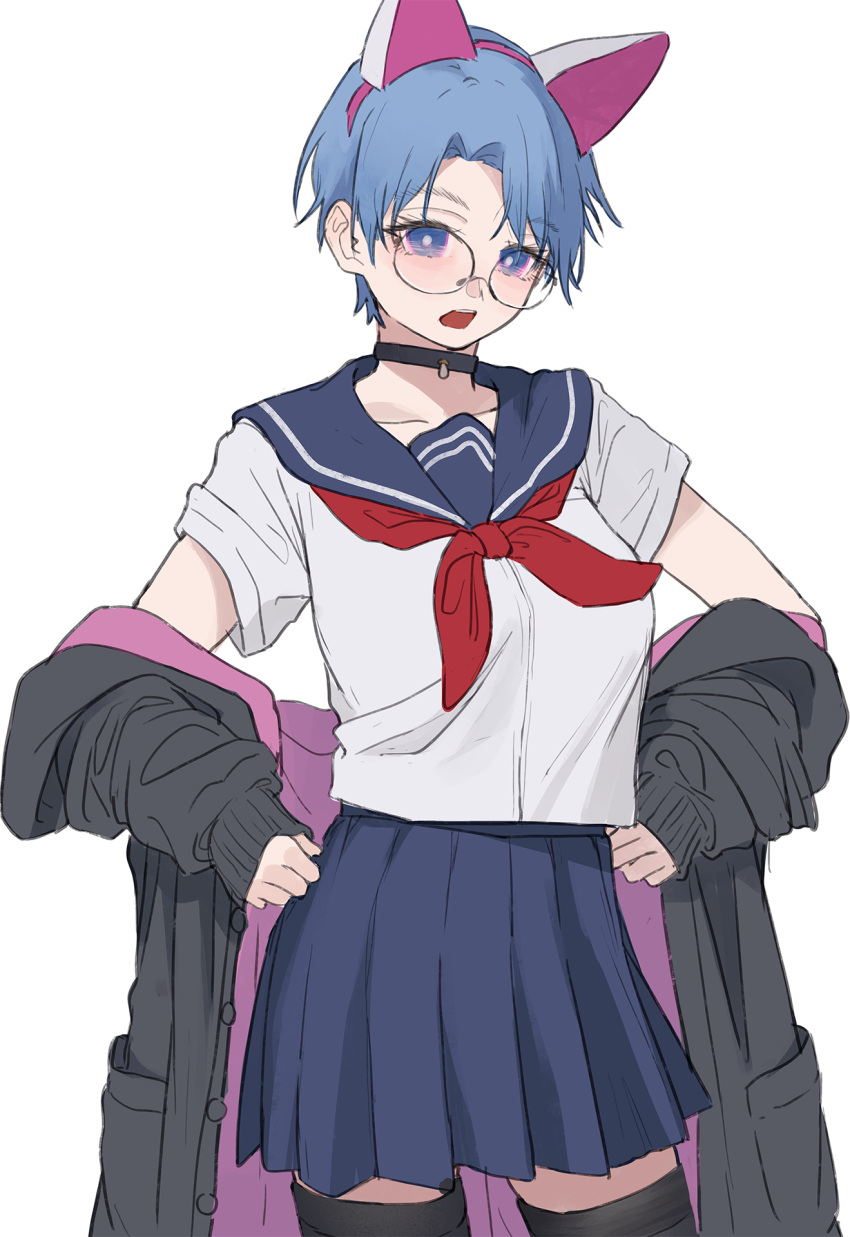 1girl animal_ears aochoku black_legwear blue_eyes blue_hair blue_skirt cat_ears choker clothes_down cowboy_shot fake_animal_ears glasses hairband highres looking_at_viewer neckerchief open_mouth original parted_lips red_neckerchief sailor_collar school_uniform serafuku short_hair short_sleeves simple_background skirt solo thigh-highs white_background zettai_ryouiki