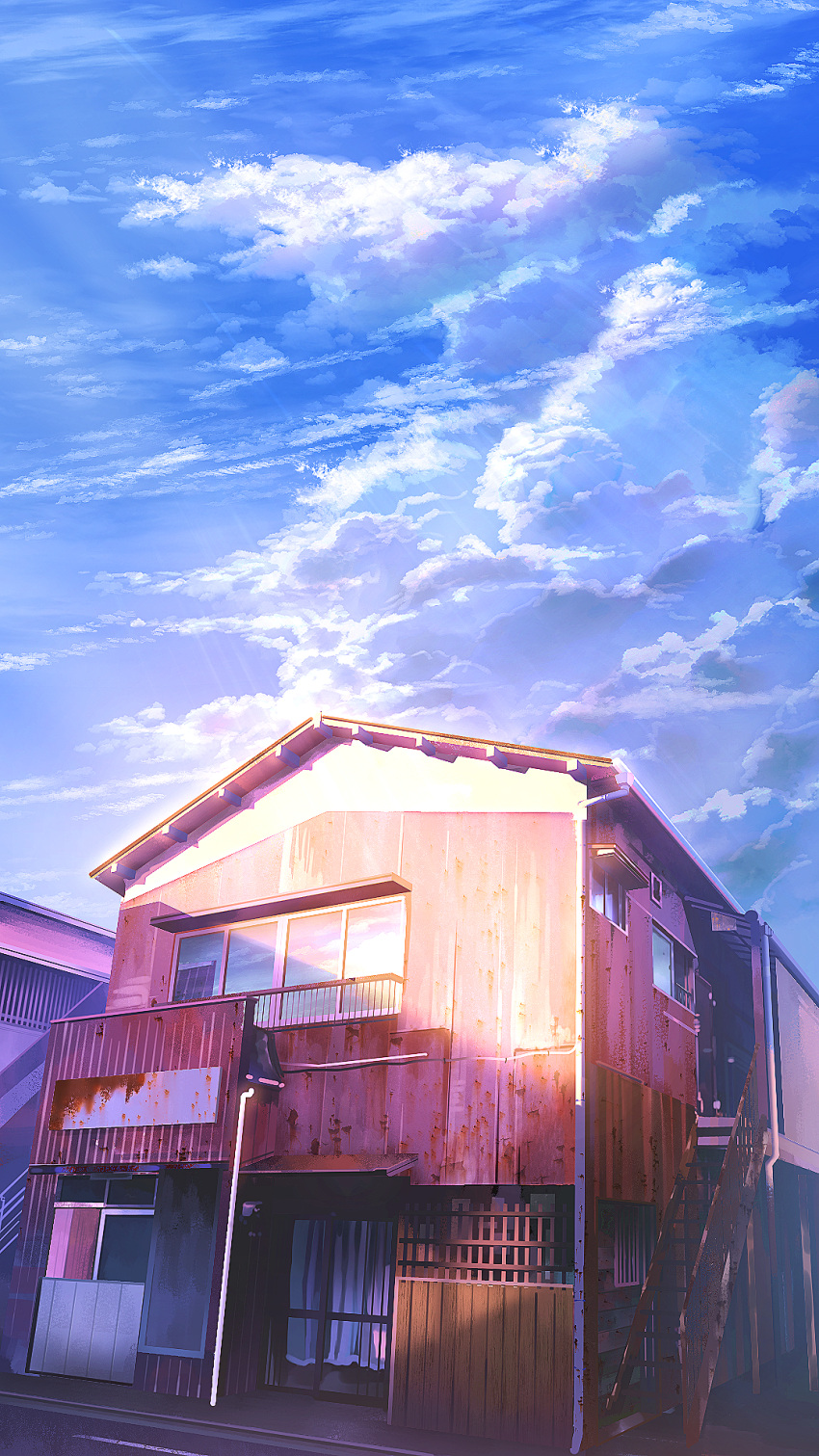 blue_sky building clouds cloudy_sky highres house no_humans original scenery sky smile_(qd4nsvik) stairs sunlight window