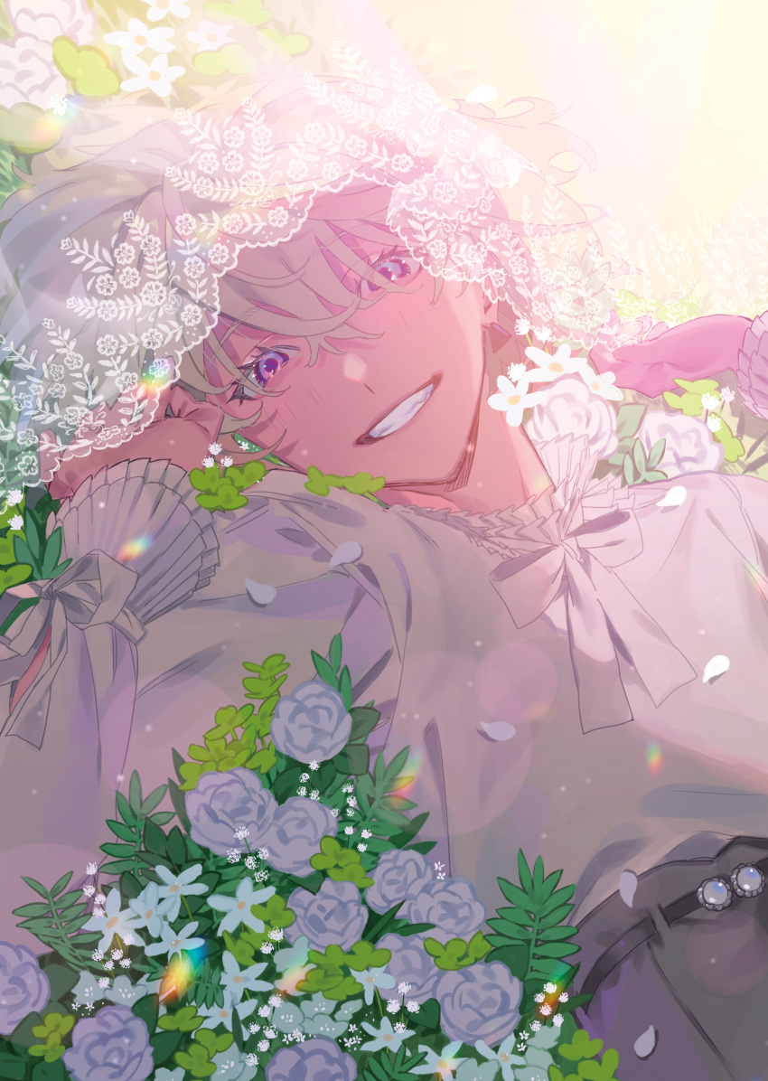 1boy absurdres bangs blouse blush commentary flower green_hair grin highres lio_fotia long_sleeves looking_at_viewer lying male_focus on_back otoko_no_ko petals promare shirt smile solo upper_body veil violet_eyes white_flower white_shirt white_veil yagita_(astronomie)