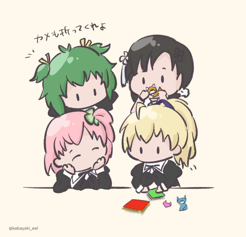 4girls ^_^ ahoge andou_tazusa antenna_hair arms_behind_head arms_up assault_lily behind_another black_hair black_ribbon blonde_hair buttons cat chibi closed_eyes clover_hair_ornament cropped_jacket dog elbows_on_table flower four-leaf_clover_hair_ornament green_hair hair_flower hair_ornament hair_ribbon hair_scrunchie hands_on_own_face hands_up head_rest highres hitotsuyanagi_riri holding juliet_sleeves kabayaki_(kabayaki_eel) long_sleeves looking_at_another looking_at_object motion_lines multiple_girls neck_ribbon no_mouth notice_lines one_side_up origami paper pink_hair puffy_sleeves purple_ribbon ribbon school_uniform scrunchie shirt short_hair simple_background solid_oval_eyes tassel_hair_ornament translated twitter_username wang_yujia white_flower white_scrunchie white_shirt wristband yellow_background yellow_ribbon yoshimura_thi_mai yurigaoka_girls_academy_school_uniform