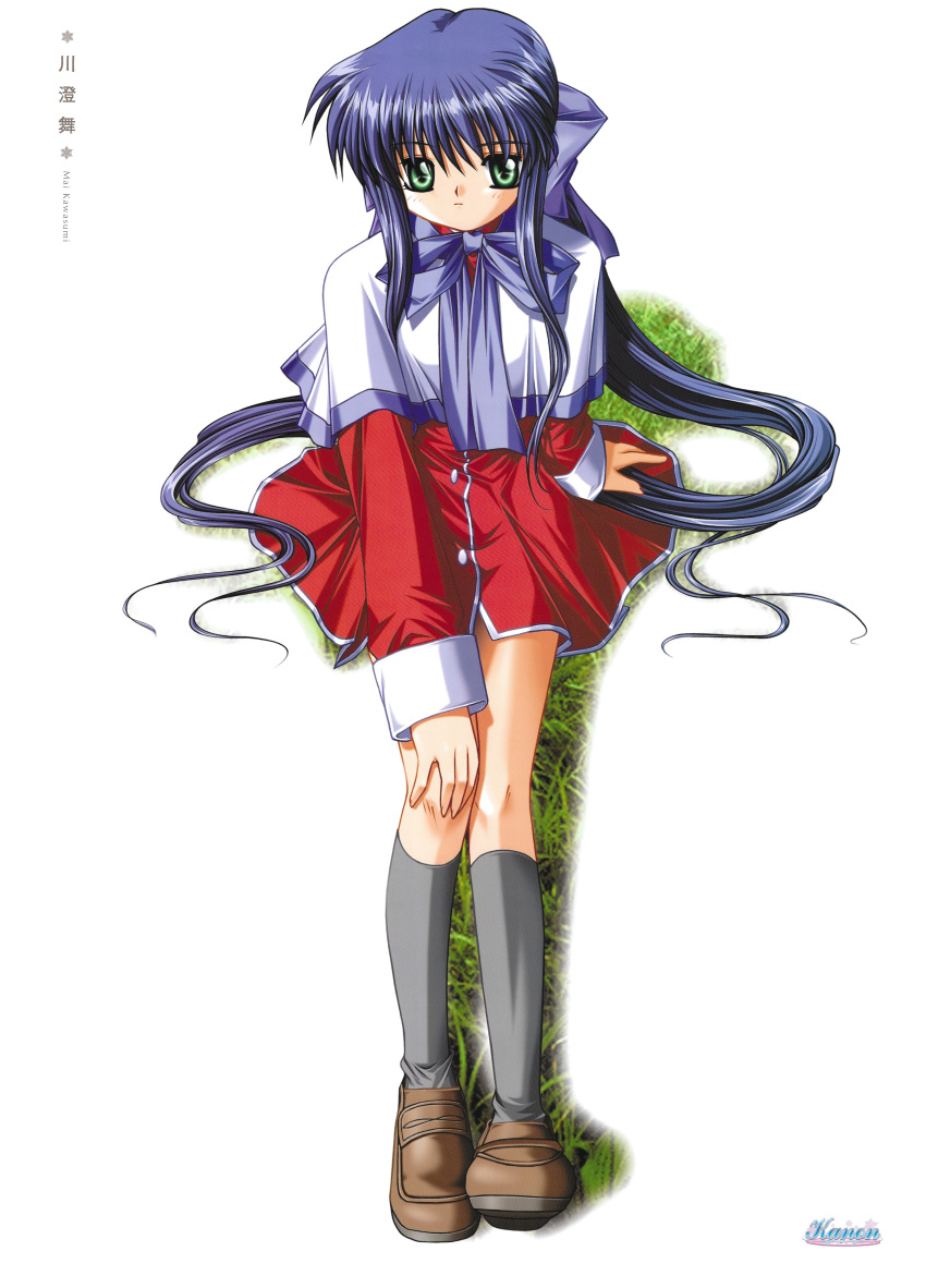 1990s_(style) 1girl absurdres bangs blue_hair brown_footwear copyright_name expressionless full_body green_eyes grey_legwear hair_ribbon hand_on_own_knee highres kanon kawasumi_mai kneehighs loafers logo long_hair long_sleeves non-web_source official_art poster_(medium) retro_artstyle ribbon scan shoes sitting solo