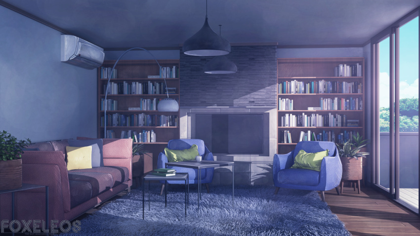 artist_name book book_stack bookshelf ceiling_light commentary couch english_commentary foxeleos highres indoors no_humans original pillow scenery shadow table watermark