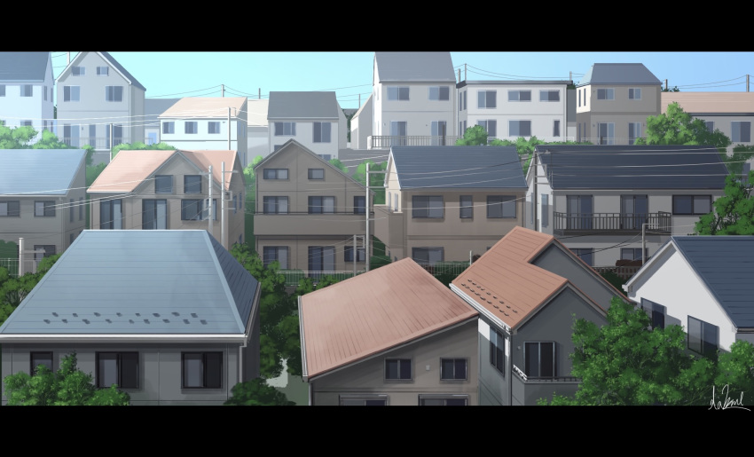 artist_name blue_sky building commentary_request hakuurei_amano highres house letterboxed no_humans original outdoors power_lines scenery signature sky tree utility_pole watermark window