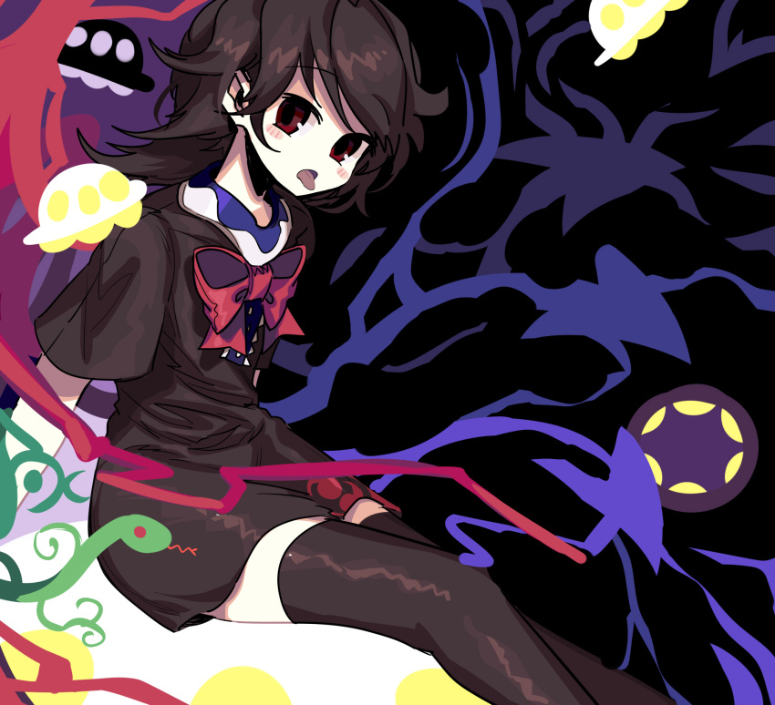 1girl asuku_(69-1-31) asymmetrical_wings bangs black_dress black_hair black_legwear blue_wings blush bow bowtie buttons center_frills commentary_request dress feet_out_of_frame flat_chest frills highres houjuu_nue looking_at_viewer open_mouth red_bow red_bowtie red_eyes red_wings short_dress short_hair short_sleeves snake solo thigh-highs tomoe_(symbol) tongue tongue_out touhou ufo wings