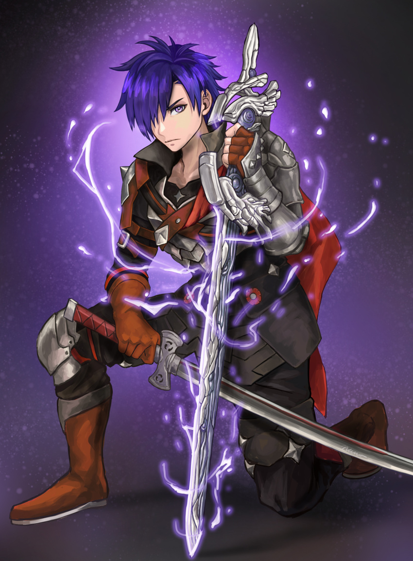1boy armor closed_mouth dual_wielding fire_emblem fire_emblem:_three_houses fire_emblem_warriors:_three_hopes gloves hair_ornament hair_over_one_eye highres holding long_sleeves looking_at_viewer medium_hair necronaglfar purple_hair shez_(fire_emblem) shez_(fire_emblem)_(male) short_hair simple_background solo sword violet_eyes weapon