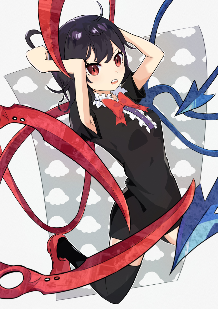 1girl absurdres ahoge asymmetrical_wings bangs black_dress black_hair black_legwear blue_wings blush bow bowtie breasts buttons center_frills commentary dress frilled_dress frills full_body highres houjuu_nue kokon looking_at_viewer mary_janes medium_hair open_mouth red_bow red_bowtie red_eyes red_footwear red_wings shoes short_dress short_sleeves small_breasts solo thigh-highs touhou ufo wings