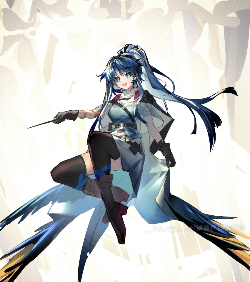 1girl :d arknights artist_name astgenne_(arknights) backlighting belt black_footwear black_gloves black_legwear blue_cape blue_eyes blue_hair blue_shirt boots bracelet breasts cape full_body gloves highres holding holding_wand infection_monitor_(arknights) jewelry knee_boots long_hair medium_breasts open_mouth ponytail rockyroo shirt skirt smile solo thigh-highs very_long_hair wand white_skirt