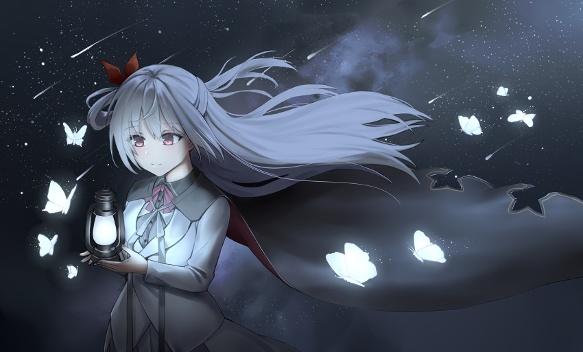 1girl akizuki_kanna bow bug butterfly cape closed_mouth commentary_request dress floating_cape formal glowing hair_between_eyes hair_bow highres holding lantern long_sleeves looking_at_object night night_sky outdoors pink_eyes qumai79 shadow shooting_star sky smile solo sparkle split_mouth suit upper_body white_dress white_hair white_sleeves white_suit yuzu-soft