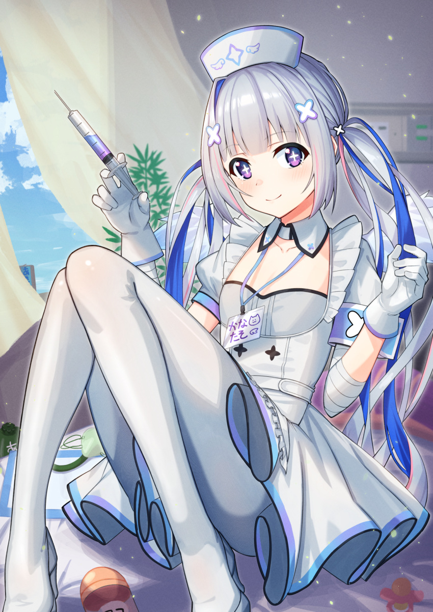 1girl amane_kanata bed blue_sky blush closed_mouth clouds cloudy_sky gloves grey_hair hair_ornament hairclip hat high_heels highres holding holding_syringe hololive long_hair looking_at_viewer nurse nurse_cap open_window pantyhose sitting sky smile sparkle syringe toketa_(toketa15) twintails violet_eyes virtual_youtuber white_footwear white_gloves white_headwear white_legwear window x_hair_ornament
