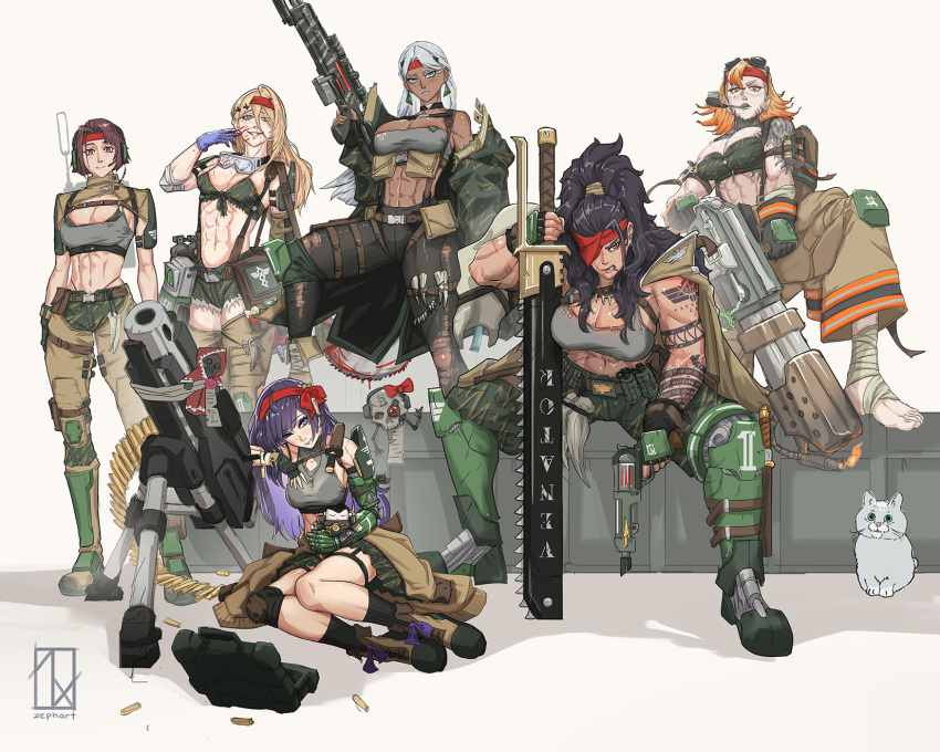 6+girls abs alisa_krova ammunition_belt ammunition_pouch arm_tattoo armor artist_logo artist_name astra_militarum bikini black_gloves black_socks blonde_hair blood blood_on_face blood_on_weapon boots bra breasts brown_eyes brown_hair brunn_arang bullet_necklace camouflage camouflage_bikini camouflage_bra camouflage_jacket camouflage_pants camouflage_skirt cat catachan_jungle_fighter chainsaw chainsword chihiro_catarine cigarette coat combat_boots combat_knife commentary computer defibrillator doll earrings english_commentary english_text firefighter_jacket flamethrower foot_wraps gloves goggles goggles_around_neck goggles_on_head green_armor green_eyes grey_cat grey_eyes gun headband heavy_bolter hellen_auricaelia_artha highres holding holding_flamethrower holding_weapon imperial_aquila jacket jen_talonus jewelry knee_pads knife laptop large_breasts lasgun laspistol latin_text lineup logo long_hair medical_gloves medium_breasts multiple_girls muscular muscular_female one_eye_covered orange_eyes orange_hair pants ponytail pouch purity_seal purple_hair radio red_headband rifle scar scar_on_arm scar_on_face scope scowl serene_ann_rexian servo-skull short_hair skirt smile smoking smoking_pipe sniper_rifle socks swimsuit tattoo torn_clothes trench_coat underwear violet_eyes warhammer_40k weapon white_hair woodland_camouflage zephart