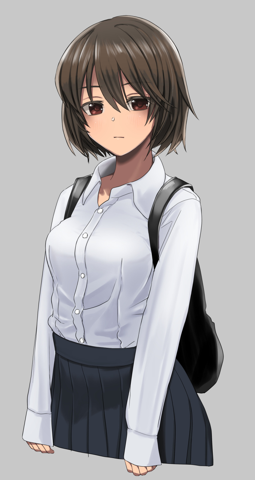 1girl arms_at_sides backpack bag bangs breasts brown_eyes brown_hair buttons closed_mouth collared_shirt cropped_legs expressionless grey_background highres original shirt shirt_tucked_in short_hair simple_background skirt sleeves_past_wrists small_breasts solo tonari_no_kishida white_shirt