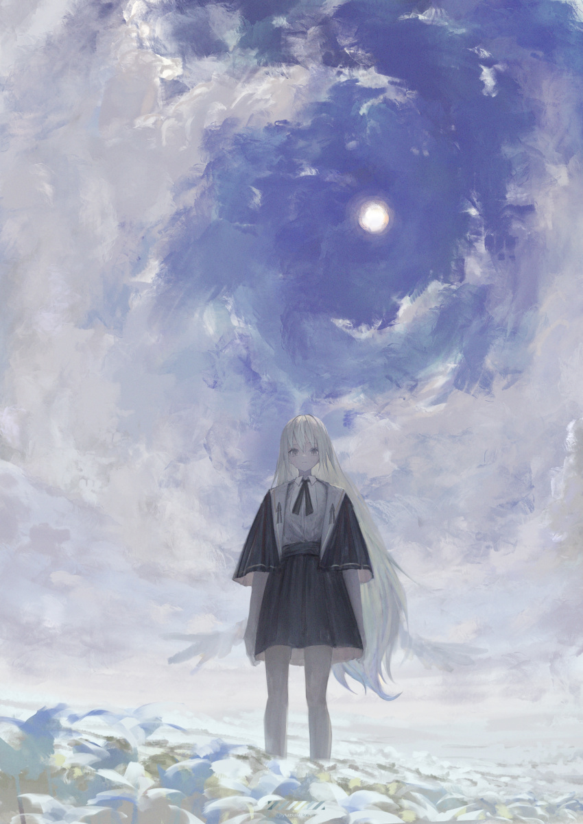 1girl absurdres arms_at_sides clouds day field flower flower_field highres long_hair original outdoors pale_skin sky solo standing sunlight very_long_hair white_flower white_hair yuzu_oshigoto_boshu-chu